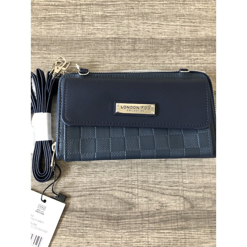 London Fog “Daisy” Large Size Embossed With Wrist And Crossbody Straps In Navy